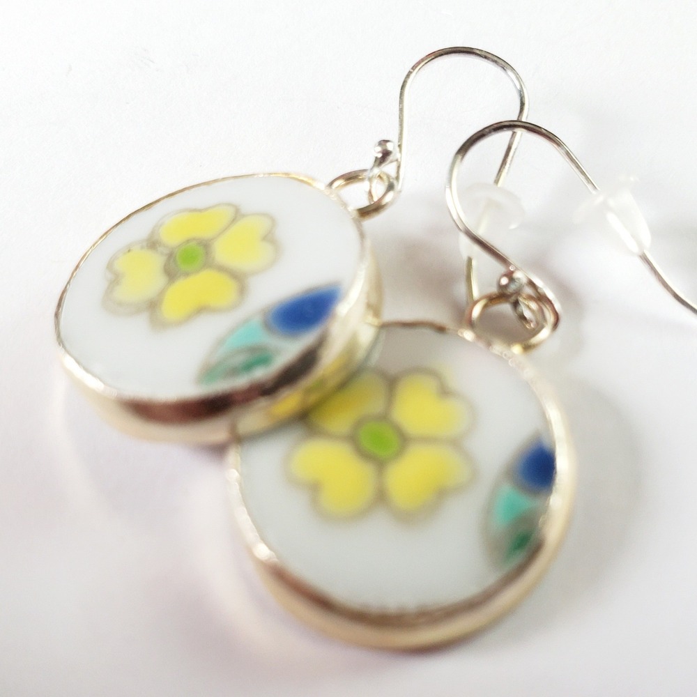 Yellow Flower Handmade Pottery Shard Earrings Floral Porcelain on Sterling Hooks